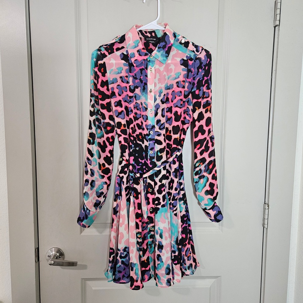 Bebe Womens Multicolor Animal Print Long Sleeve Button Down Shirt Dress XS